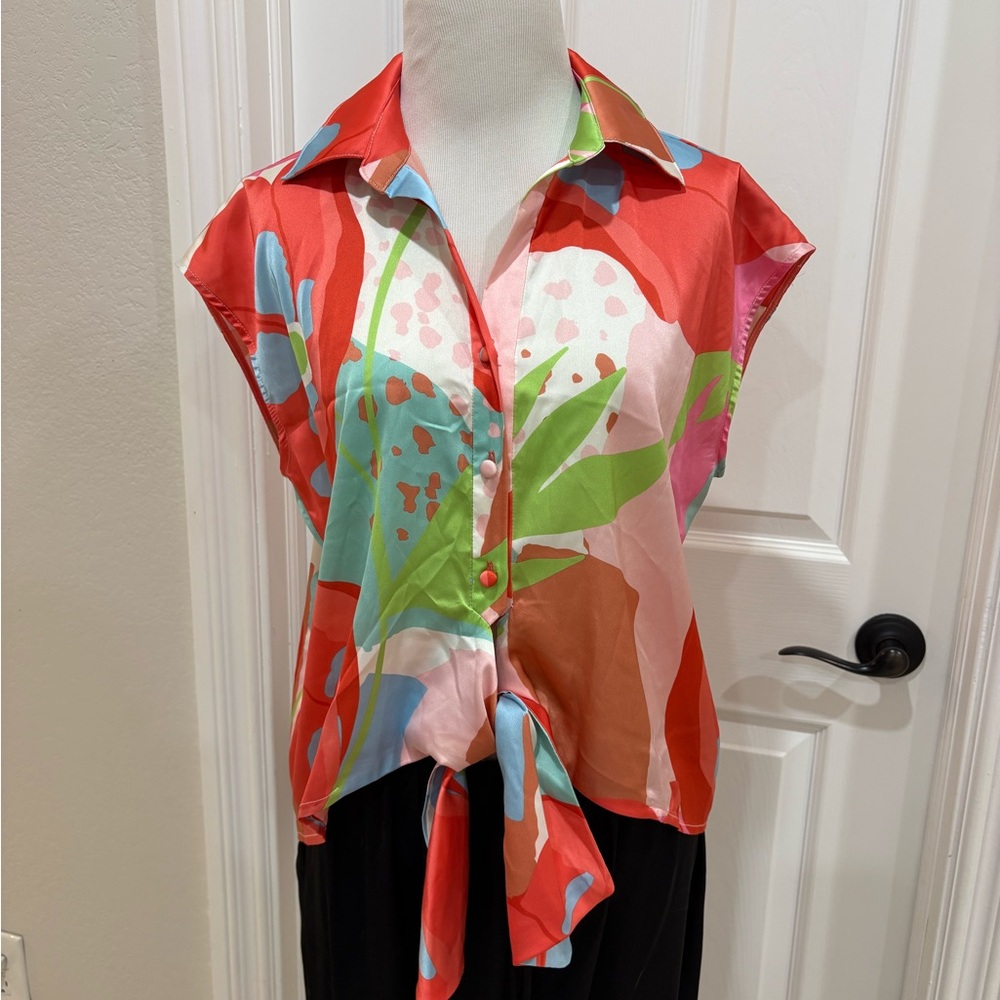 HUTCH Short Sleeve Colorful Abstract Tie Women's Top XS